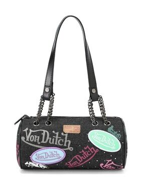 Von Dutch Black Logo Patch Barrel Shoulder Bag